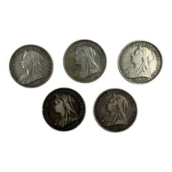 Five Queen Victoria silver crown coins, dated two 1893, 1894 and two 1896