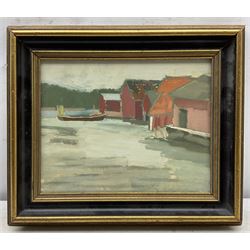 K Knapp (German 20th Century): Boatsheds, oil on board signed 25cm x 32cm 