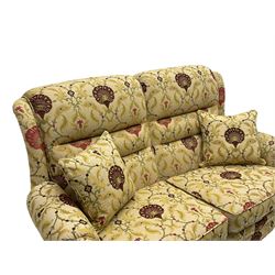 Vale Bridgecraft - Langfield two seat sofa, upholstered in Agra Cranberry fabric, mahogany feet, with David Gundry scatter cushions