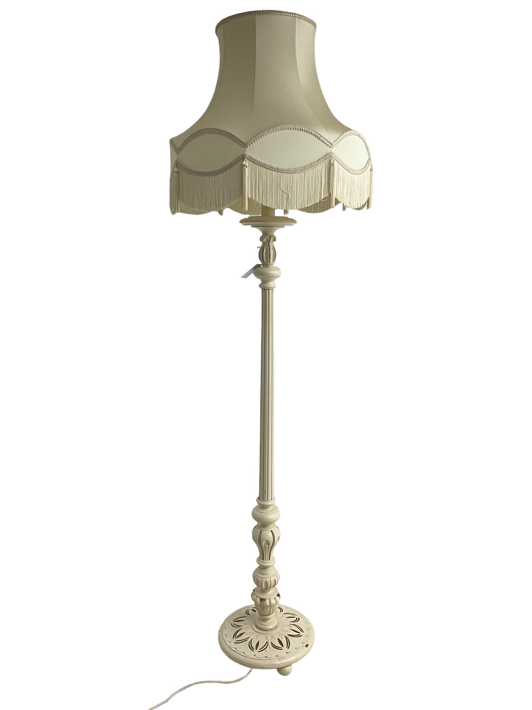 Victorian design Classical standard lamp, turned and fluted column with circular base, in cream finish, with matching fringed shade 