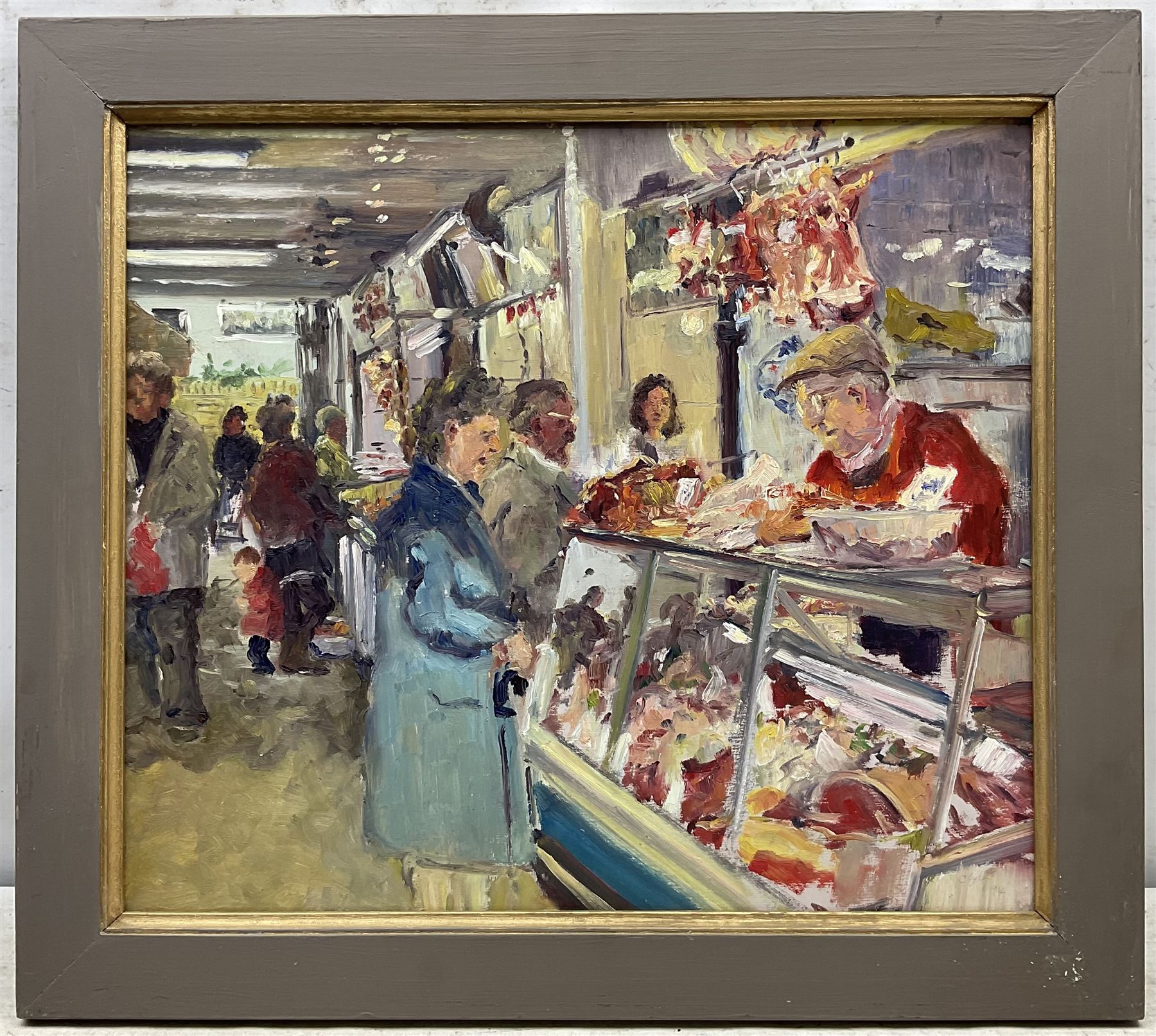 Catherine Tyler (British 1949-): 'Brighton Market Butcher', oil on board signed and dated '94, titled verso 41cm x 48cm