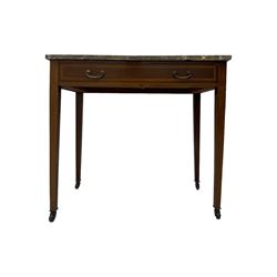 Edwardian inlaid mahogany wash stand or side table, variegated rouge marble top, fitted with single drawer with satinwood band, on square tapering supports with brass and ceramic castors  