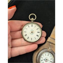 Two continental silver fob watches with enamel dials, one stamped 800, one stamped 935 and in leather wriststrap