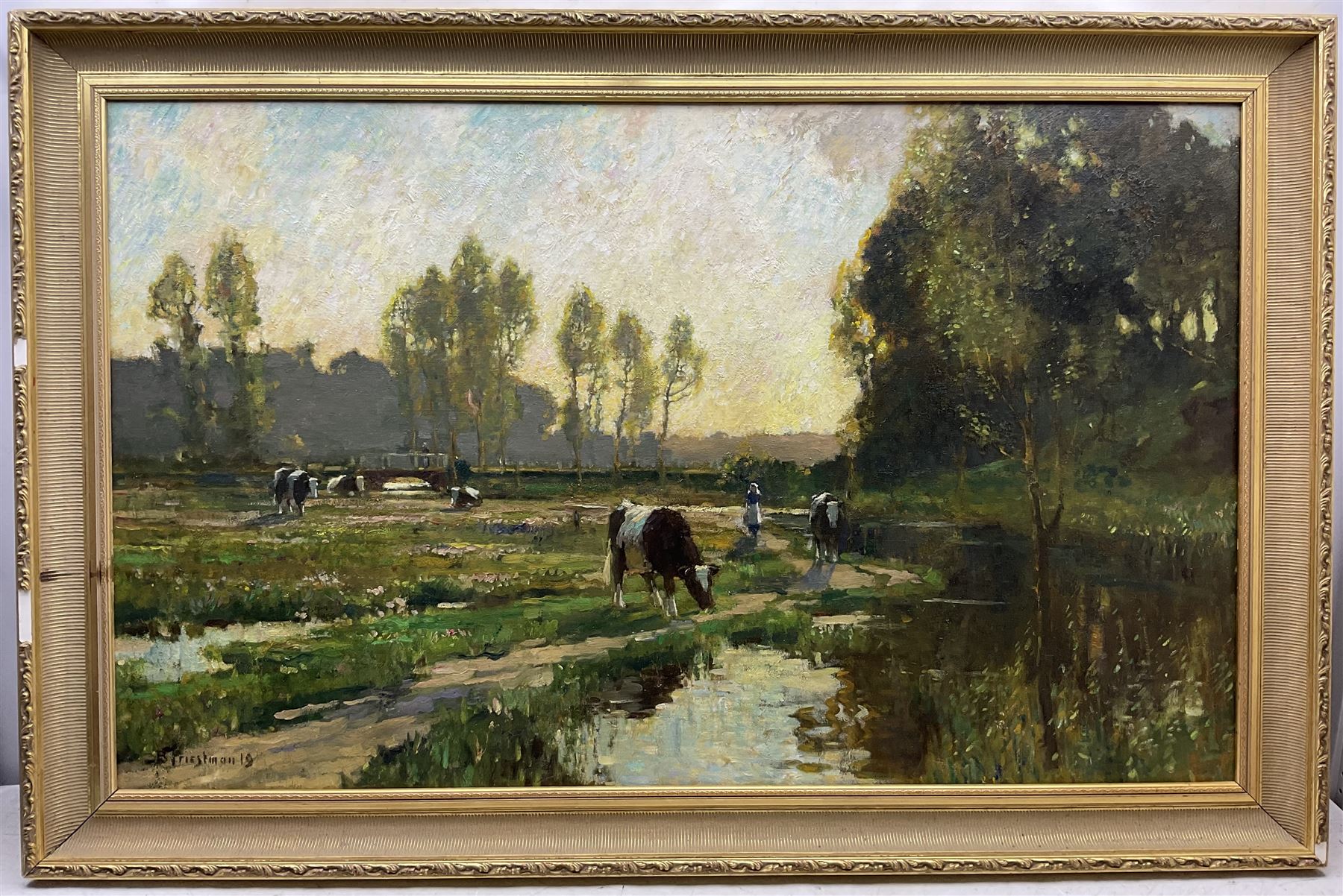 Bertram Priestman RA ROI NEAC (British 1868-1951): Cattle and Country Girls by the Riverside, oil on canvas signed and dated '19, 82cm x 135cm