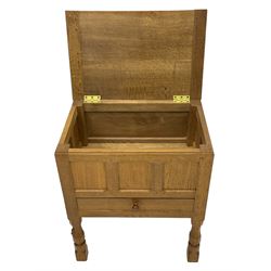 Mouseman - oak work or sewing box, rectangular adzed top inscribed 'L. M. C. 1976' enclosing vacant interior, triple panelled front and double panelled sides, fitted with single drawer, on octagonal supports, carved with mouse signature, by the workshop of Robert Thompson, Kilburn 