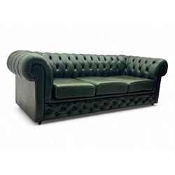 Three seat Chesterfield design sofa, upholstered in emerald green leather with deep-button...