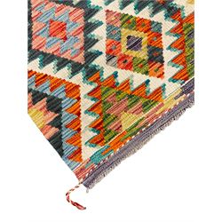 Chobi Kilim rug, over geometric design, decorated with multi-coloured stepped lozenges