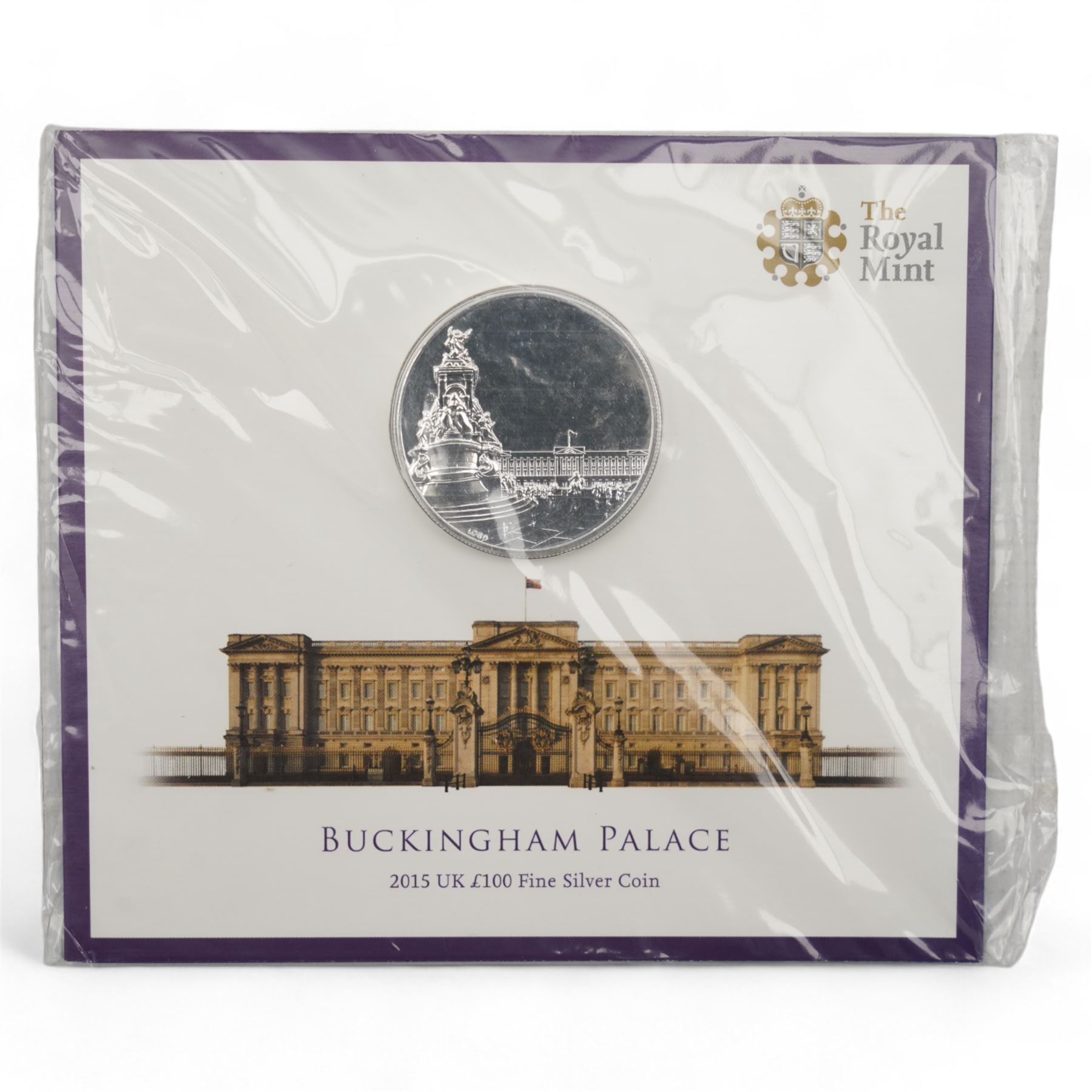 Two The Royal Mint United Kingdom fine silver one-hundred pound coins, dated 2015 'Big Ben' and 2015 'Buckingham Palace', both on cards