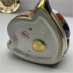 Royal Crown Derby paperweight Drummer Teddy with gold stopper, together with pattern 1128 Imari side plate and Old Imari Christmas Robin pin dish