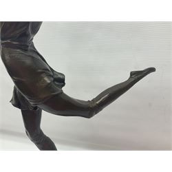 Art Deco style bronze, after Bruno Zach, modelled as a dancer with her arms raised, on a veined marble tapering base signed B. Zach and with foundry seal, H65cm