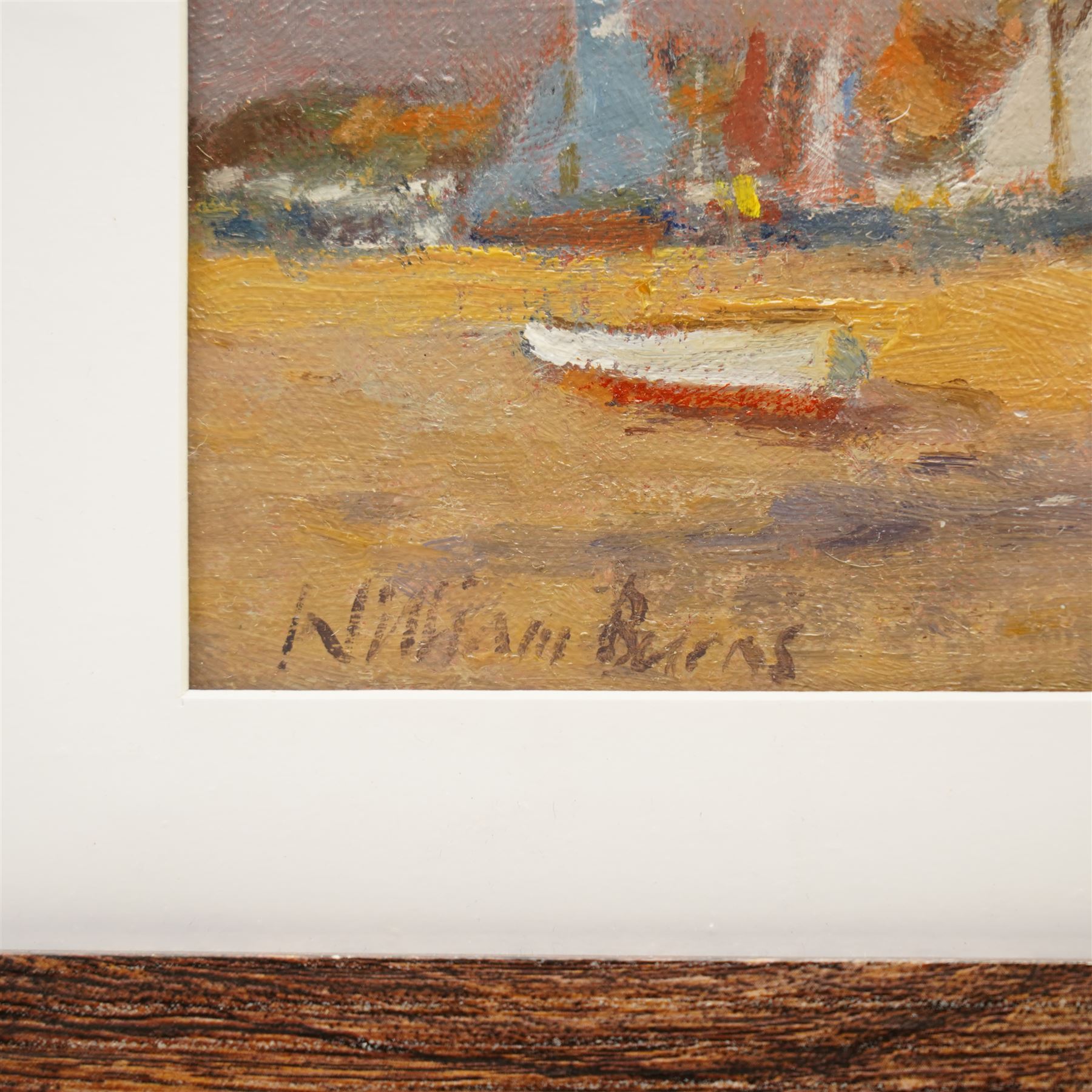 William Burns (Northern British 1923-2010): 'The Hard - Overy Staithe North Norfolk', oil on board signed, titled verso 15cm x 20cm Provenance: Direct from the family of the artist. 
Notes: Born in Sheffield in 1923, William Burns RIBA FSAI FRSA studied at the Sheffield College of Art before the outbreak of the Second World War, during which he helped illustrate the official War Diaries for the North Africa Campaign, and was elected a member of the Armed Forces Art Society. On his return, he studied architecture at Sheffield University and later ran his own successful practice, being a member of the Royal Institute of British Architects. However, painting had always been his self-confessed 'first love', and in the 1970s he gave up architecture to become a full-time artist, having his first one-man exhibition in 1979.