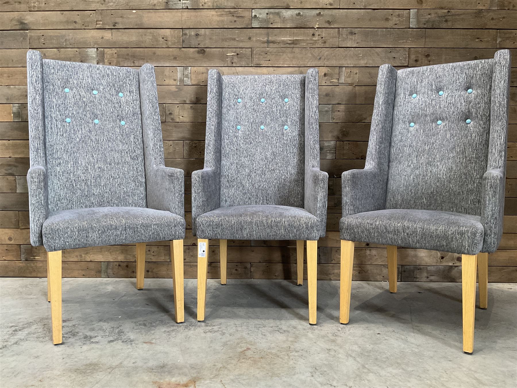 3 x high back armchair, upholstered in textured beige fabric