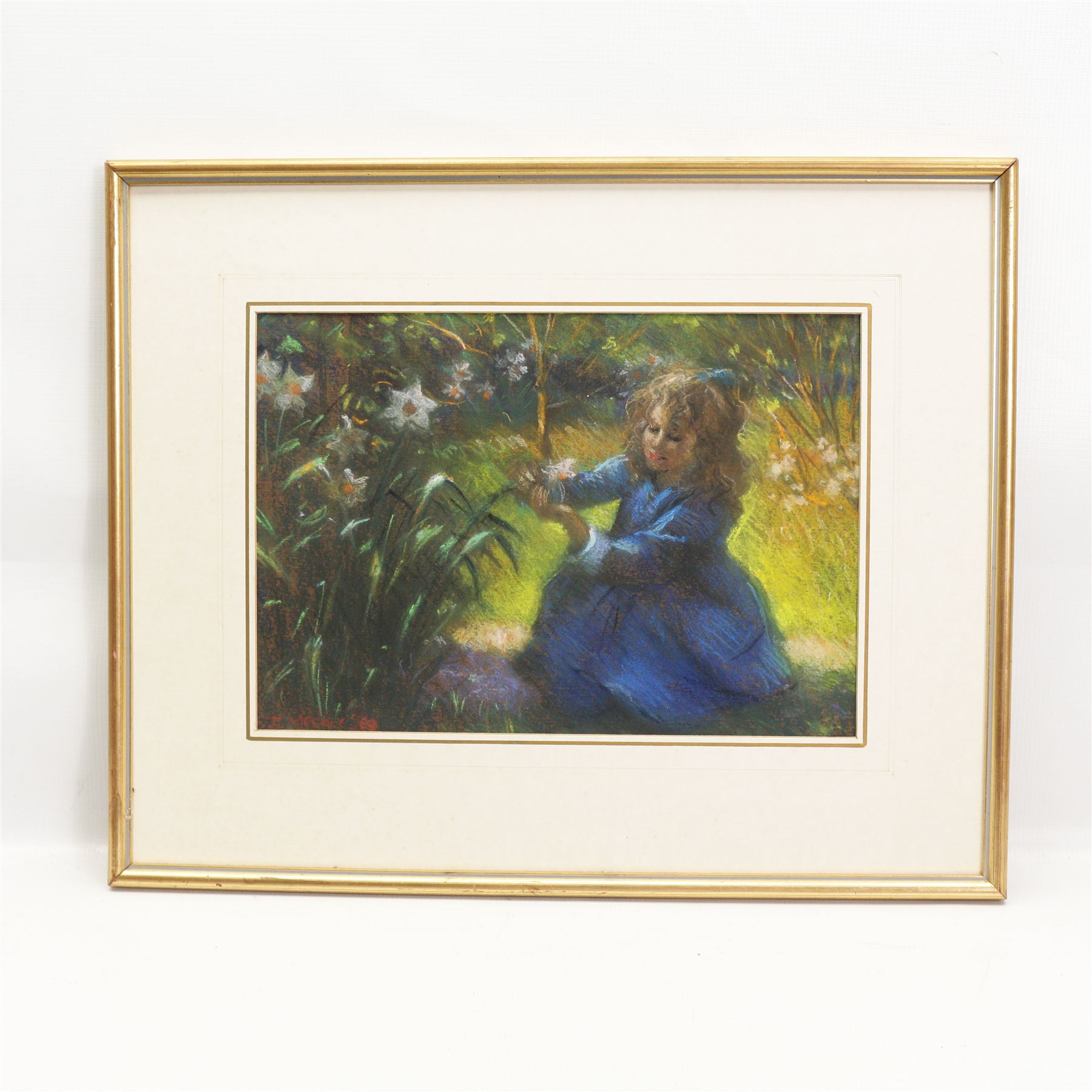 John Mackie (Scottish 1953-): Girl Admiring the Daffodils, pastel signed 23cm x 33cm 