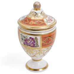 Early 19th century Spode pastille burner, of twin handled urn form, the body hand painted with a basket of flowers and further flowers and butterfly verso, within beaded border and lion paw stem, lacking cover, H8cm, 18th/19th century porcelain vase and cover, decorated with panels of flowers within orange and gilt bands, possibly Spode H16cm, together with an early 19th century Spode (1800-1820) pen tray, of oval form, decorated in raised gilt with two birds perched on a branch, within a fruiting vine border, pattern no. 093, L27cm