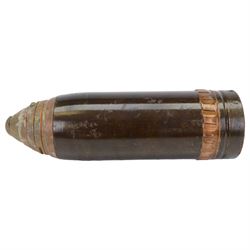 Inert British WWII, 13 pounder British shrapnel shell, marked 'O.F.3 PR, II, F S, K 25.1.07', fuse marked 'Lot 372 1915 BSC No 85', H25cm 