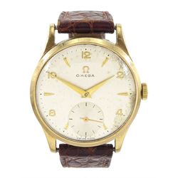 Omega gentleman's 9ct gold manual wind wristwatch, Cal. 265, silvered dial, with subsidiar...