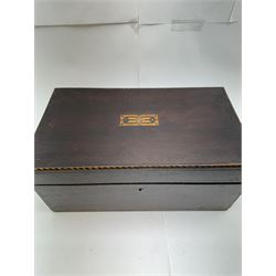 Three inlaid wooden boxes, together with an oak table top cabinet, tallest H42cm