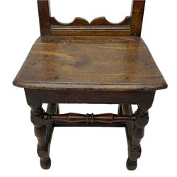 Small late 17th century oak side chair, open frame back with shaped upper and lower brackets, moulded plank seat, on turned supports united by moulded H-shaped stretchers