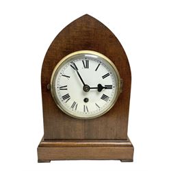 English- 1930's mahogany 8-day timepiece mantle clock in a lancet case. With pendulum and key