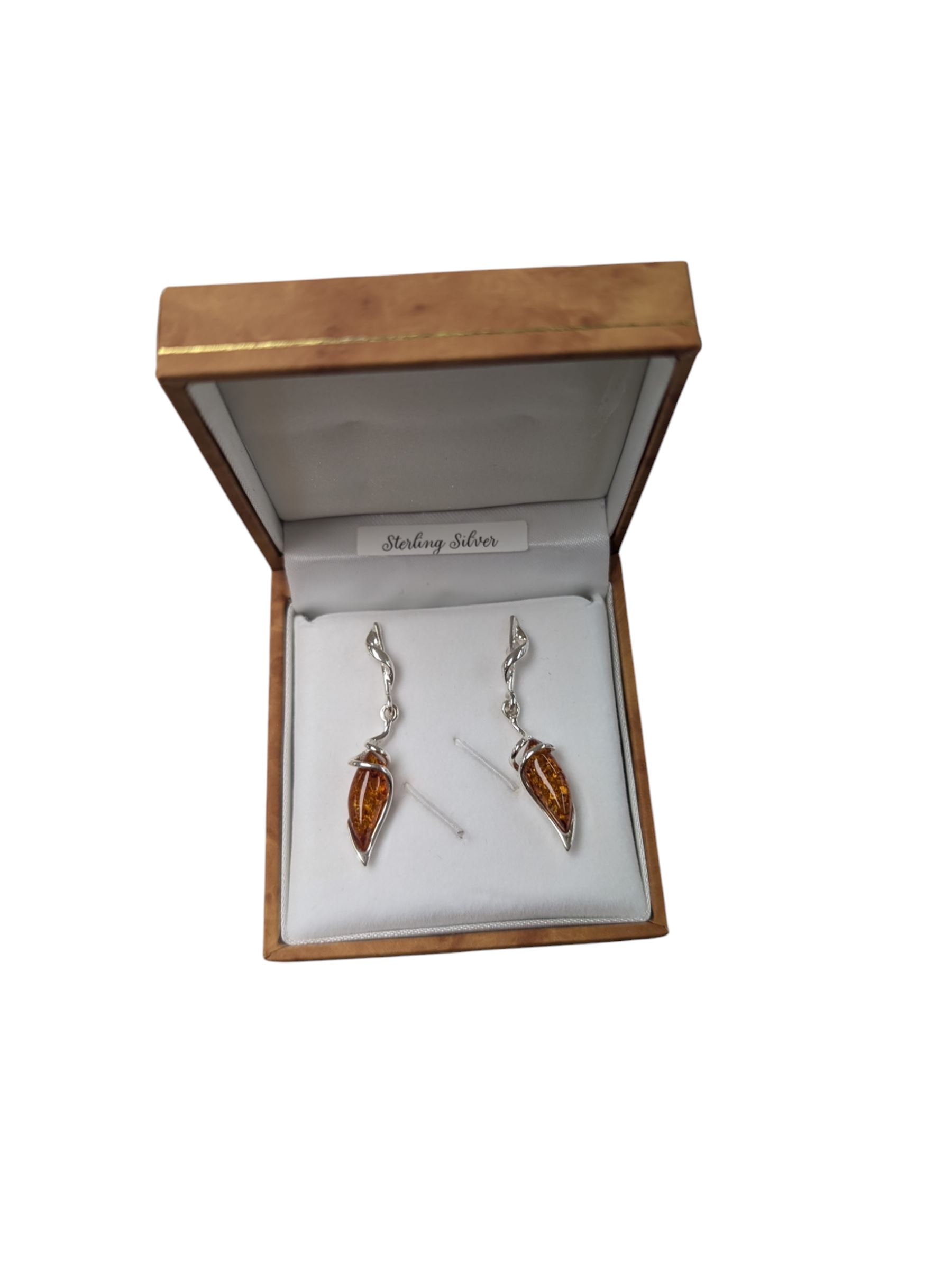 Pair of silver Baltic amber pendant earrings, boxed 