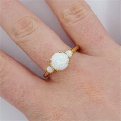 Silver-gilt three stone opal ring, stamped 925