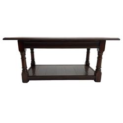 Rectangular mahogany coffee table, moulded rectangular top, turned supports united by undertier 