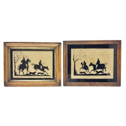Pair of Regency Verre Eglomisé hunting scenes, in original bird's eye maple frames, H39cm, L50cm