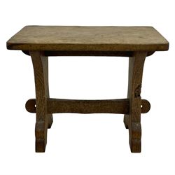 Gnomeman - three oak occasional tables, rectangular adzed top on shaped end supports united by pegged stretcher, each carved with gnome signature, by Thomas Whittaker, Littlebeck, the largest - 46cm x 29cm, H37cm