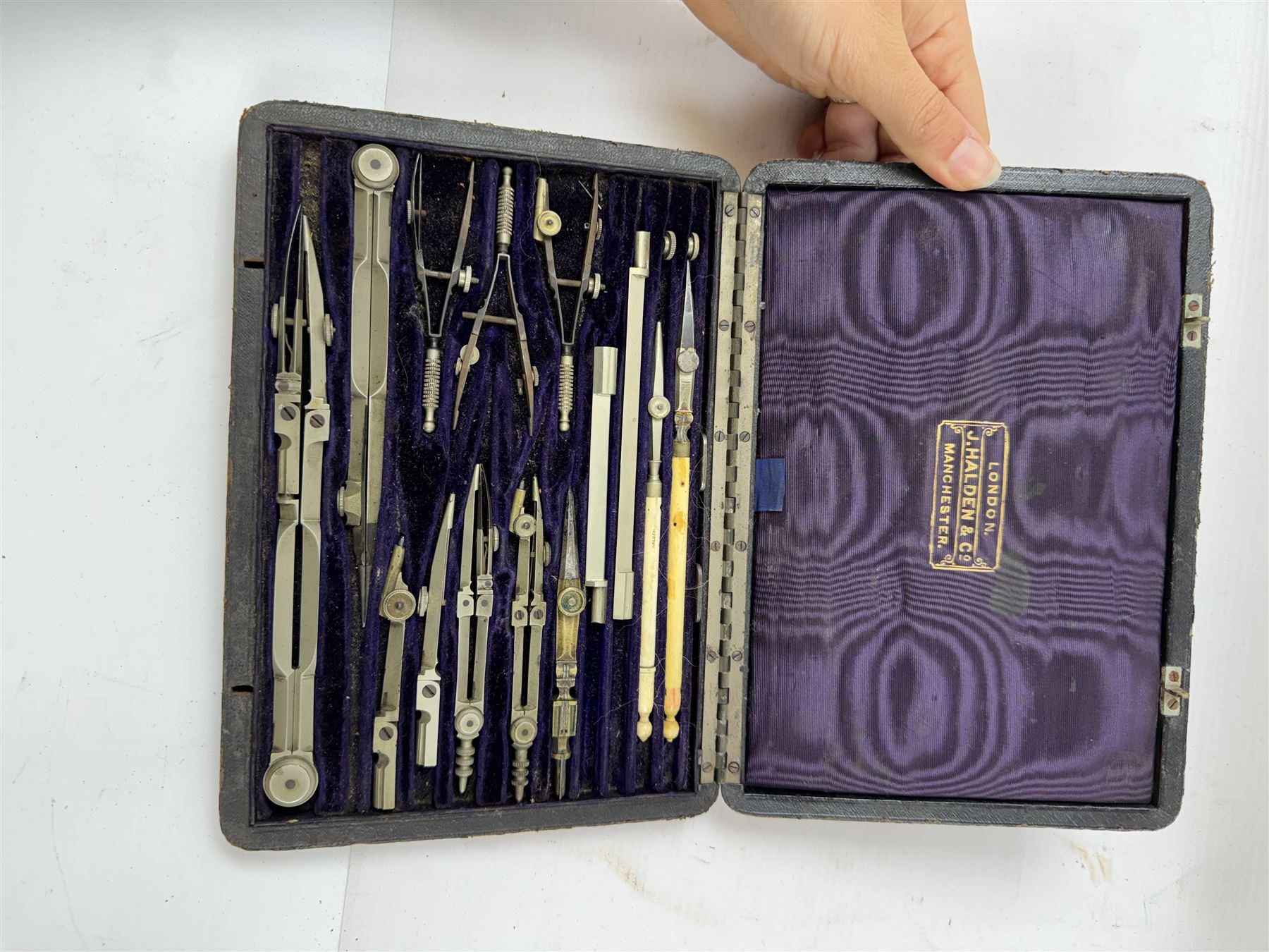 Collection of drawing instruments, including Richter dotting tool, J. Halden & Co Ltd cased of drawing instrument etc 