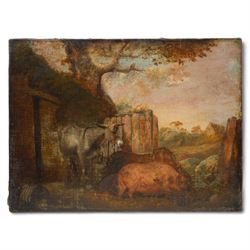 English Naive Primitive School (19th century): Donkey and Pigs in a Country Farmstead, oil on canvas unsigned 38cm x 51cm (unframed)