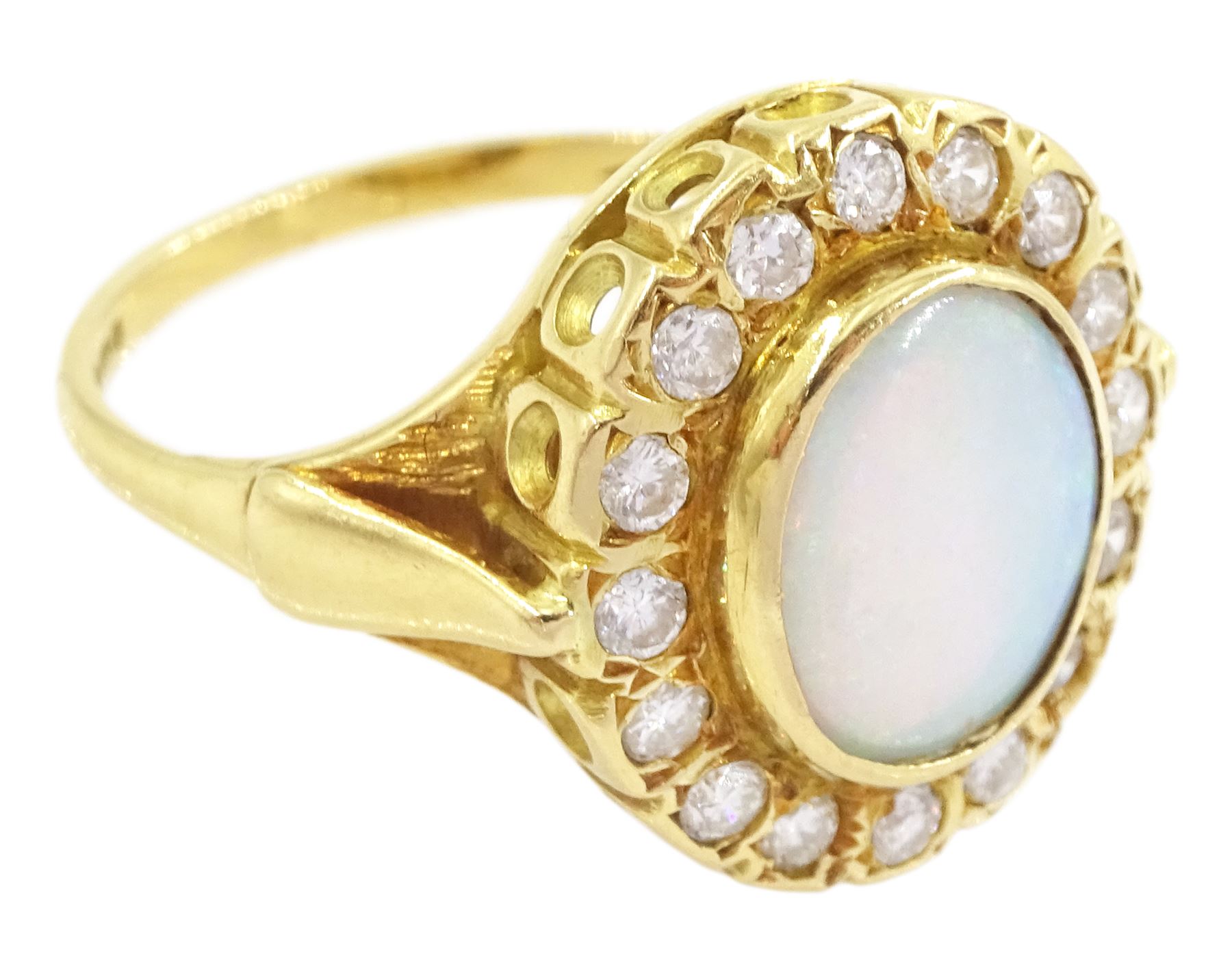 18ct gold opal and round brilliant cut diamond cluster ring, London 1989