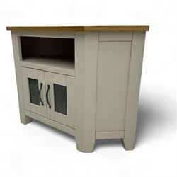 Contemporary cream-painted corner television cabinet, oak top over open shelf and double g...