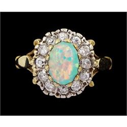 9ct gold opal and cubic zirconia cluster ring, hallmarked