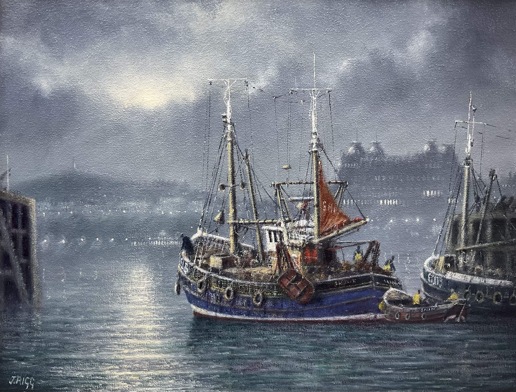 Jack Rigg (British 1927-2023): Trawlers in Scarborough Harbour by Moonlight, oil on canvas signed, dated 1996 verso 34cm x 44cm