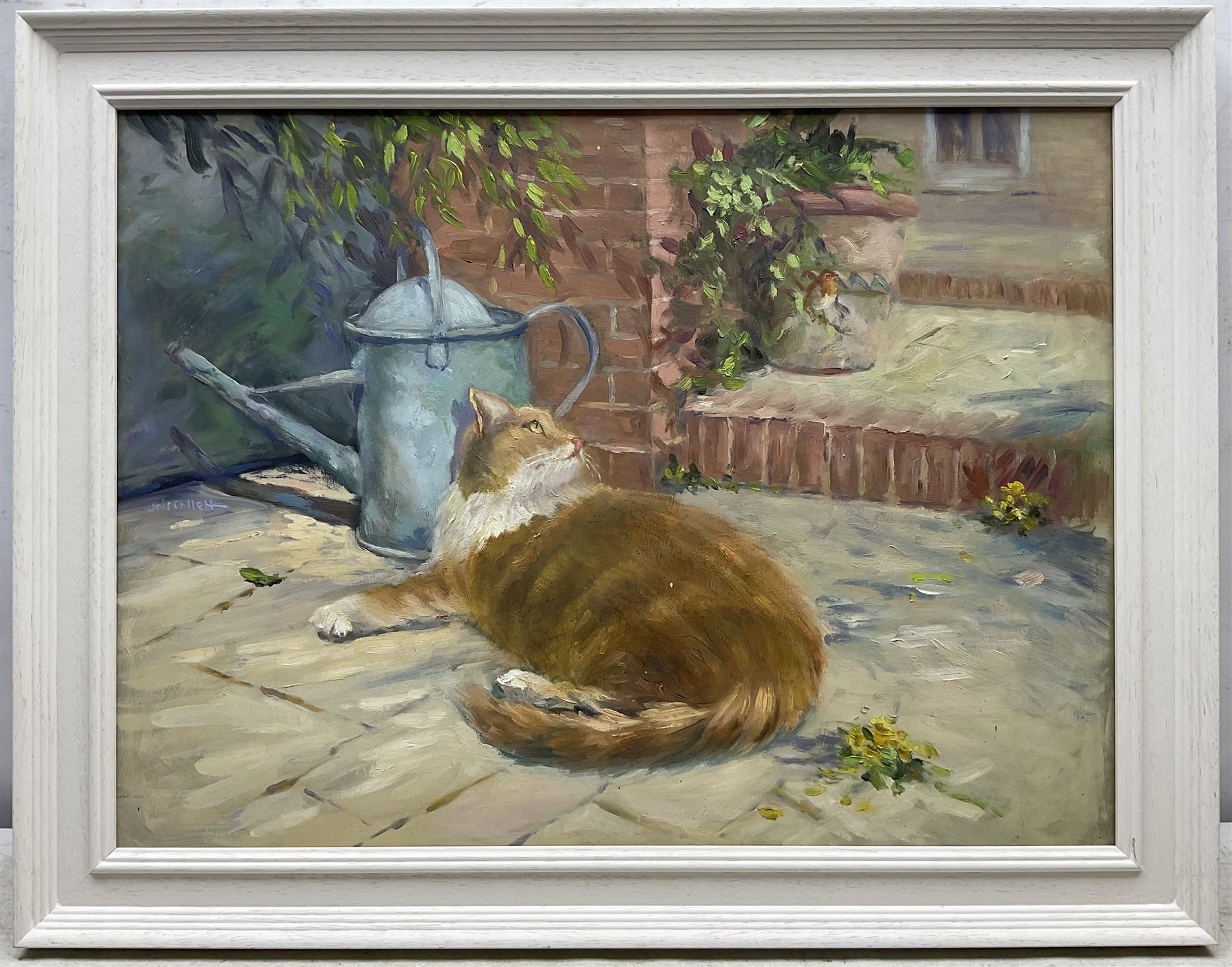 Iris Collett (British 1938-): Tabby Cat and Robin, oil on board signed 44cm x 59cm