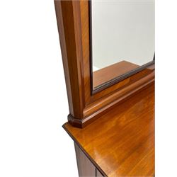 Late 19th to early 20th century walnut hallway console table with pier mirror, tall rectangular mirror with ovolo-moulded cornice, plain mirror plate surrounded by moulded slip and crossbanding, rectangular top over panelled back supports by turned supports, on sledge feet 