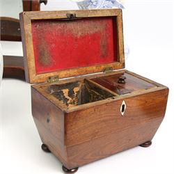 19th century rosewood twin division tea caddy, with bone escutcheon, on four bun feet, L20cm, 19th century 'Royal Palace' pattern wash bowl and 'Japan Flowers' jug, together with a mahogany toilet mirror (4)