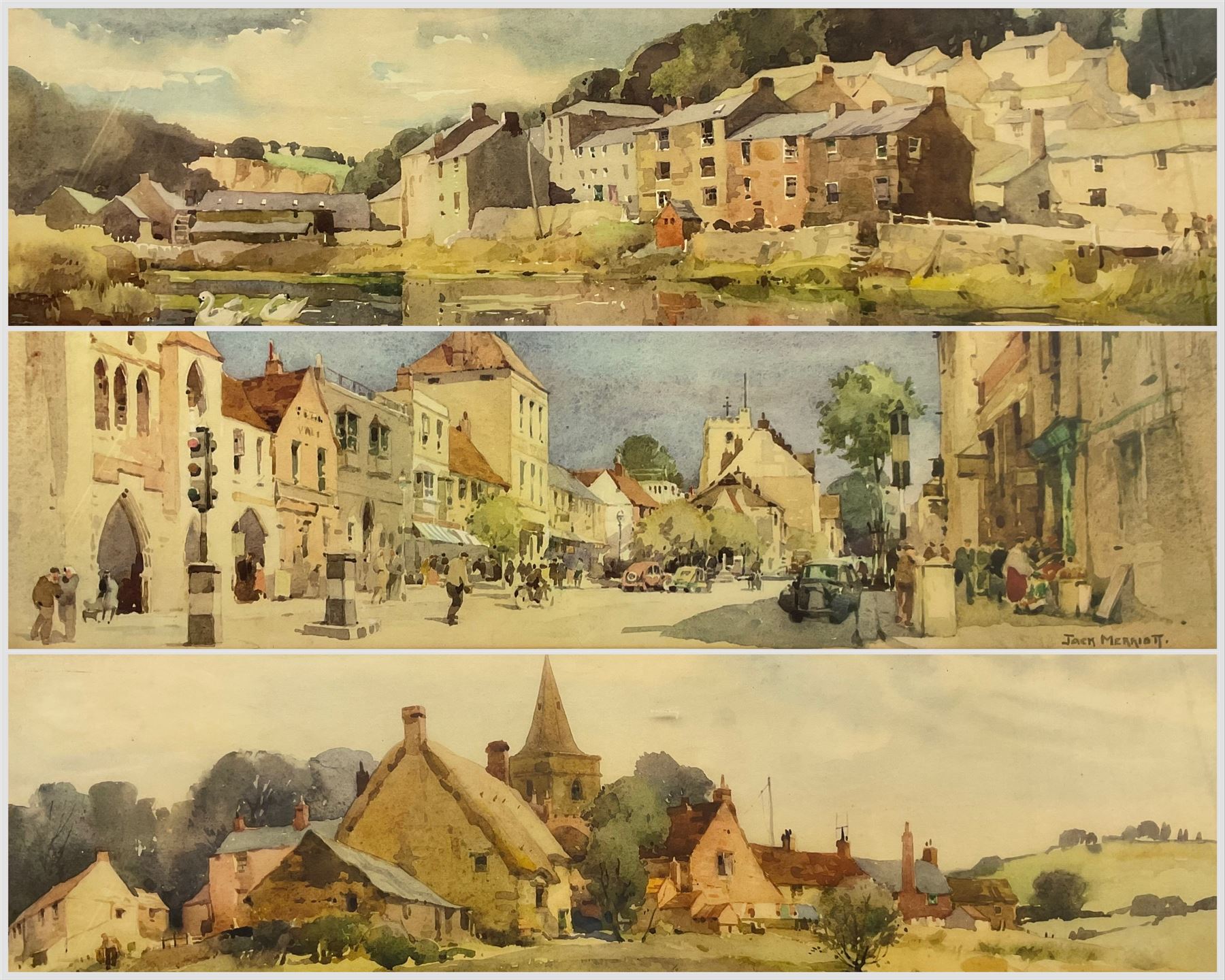 After Jack Merriott (British 1901-1968): 'Berkhamsted - Hertfordshire', 'Cromford - Derbyshire' and 'Fenny Compton - Warwickshire', set of three carriage prints 18cm x 58cm (3)