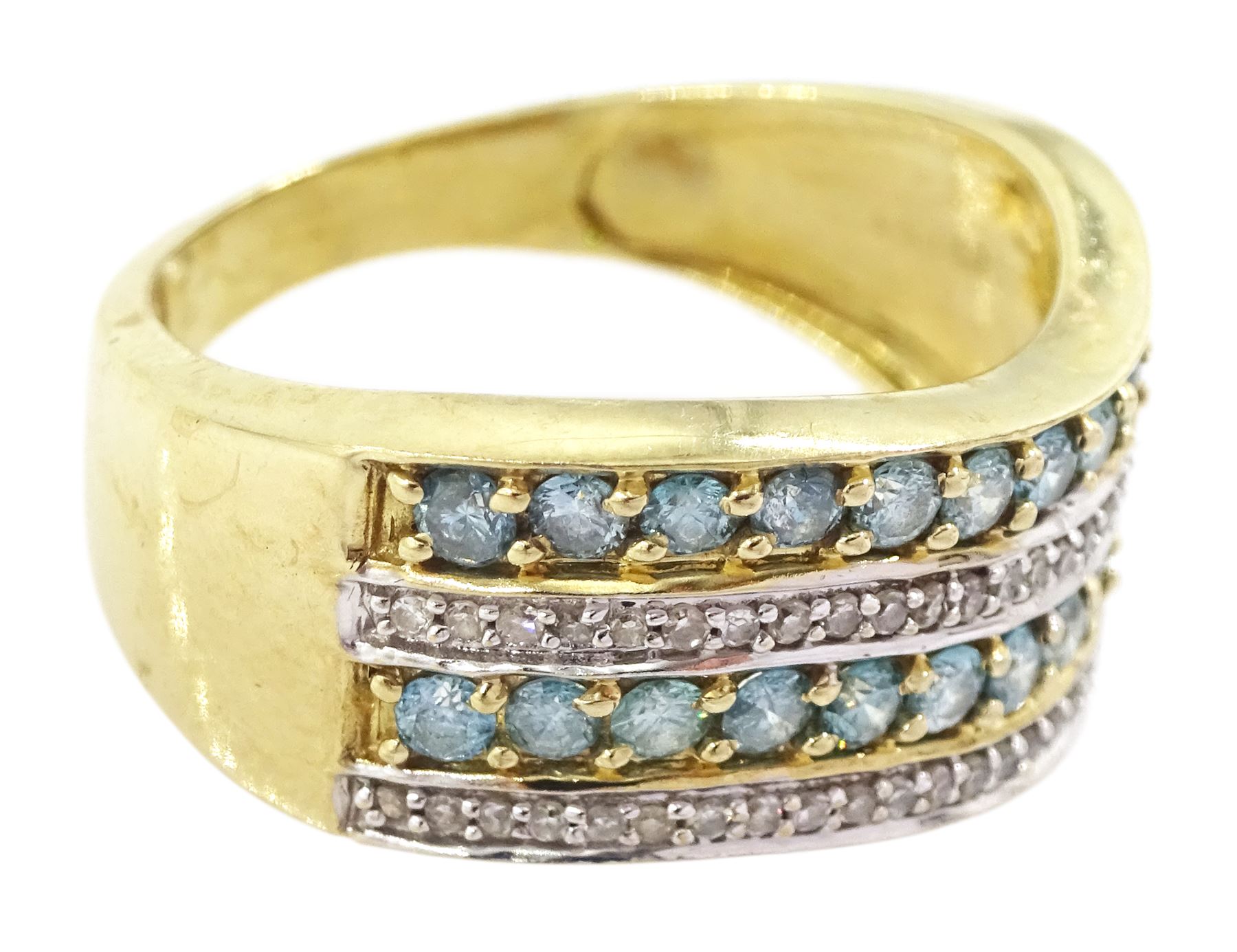 9ct gold four row round brilliant cut fancy blue and white diamond ring, hallmarked