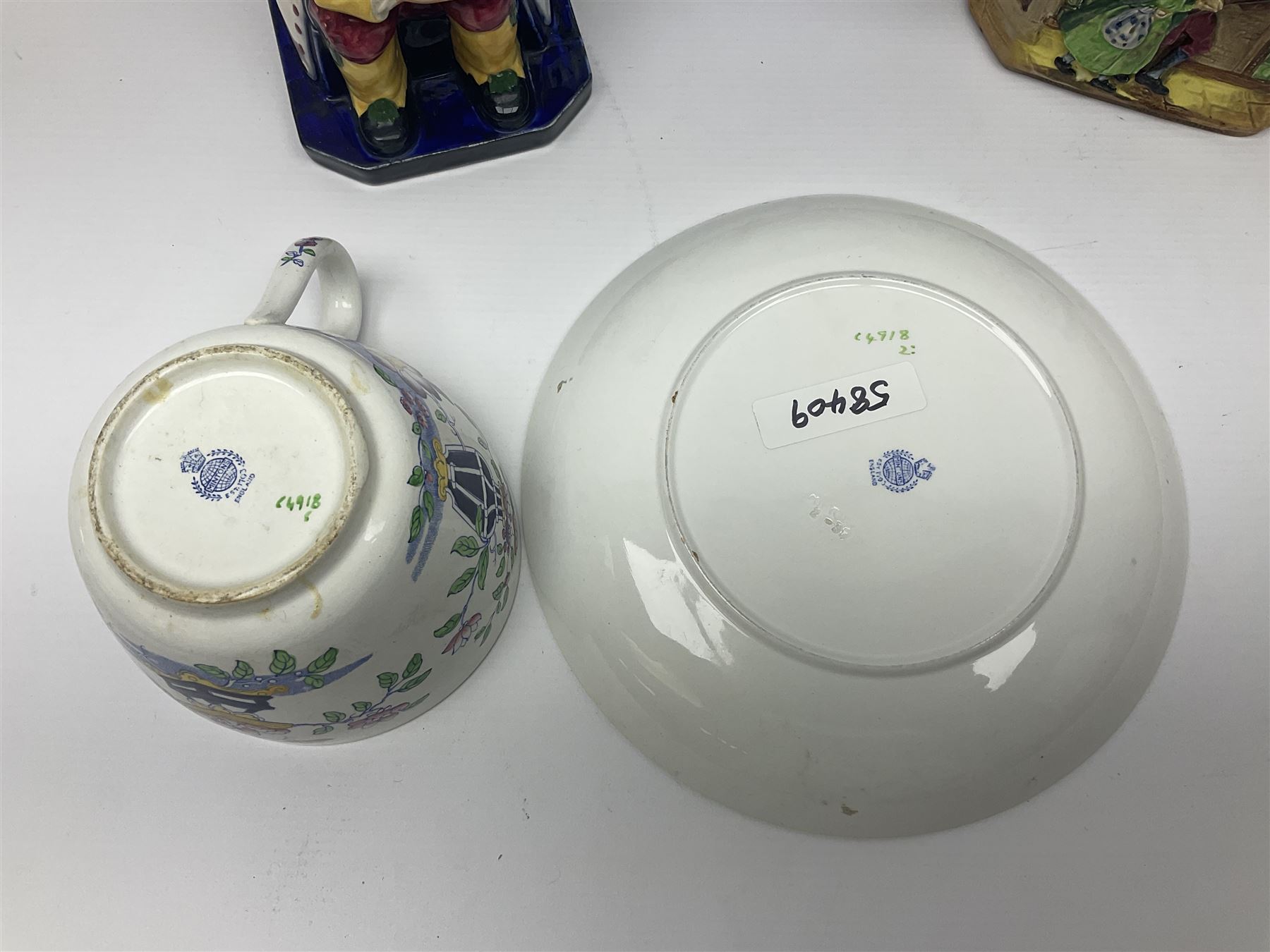 Royal Doulton Old Curiosity Shop jug, toby jug, novelty cup and saucer and Royal Copenhagen 1962 Christmas plate