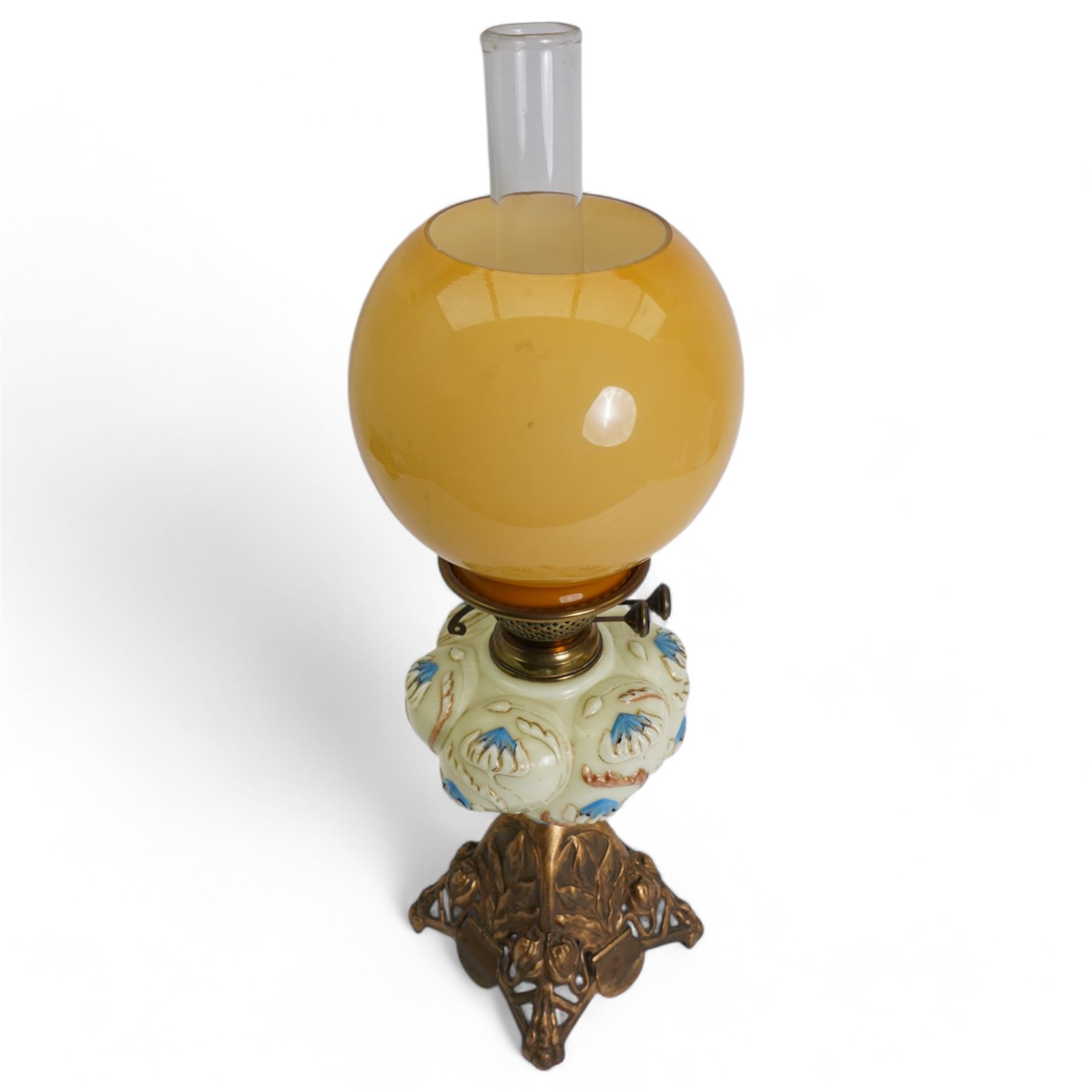 Art Nouveau oil lamp, with floral stylized moulded reservoir and similar style pierced metal base, H61cm