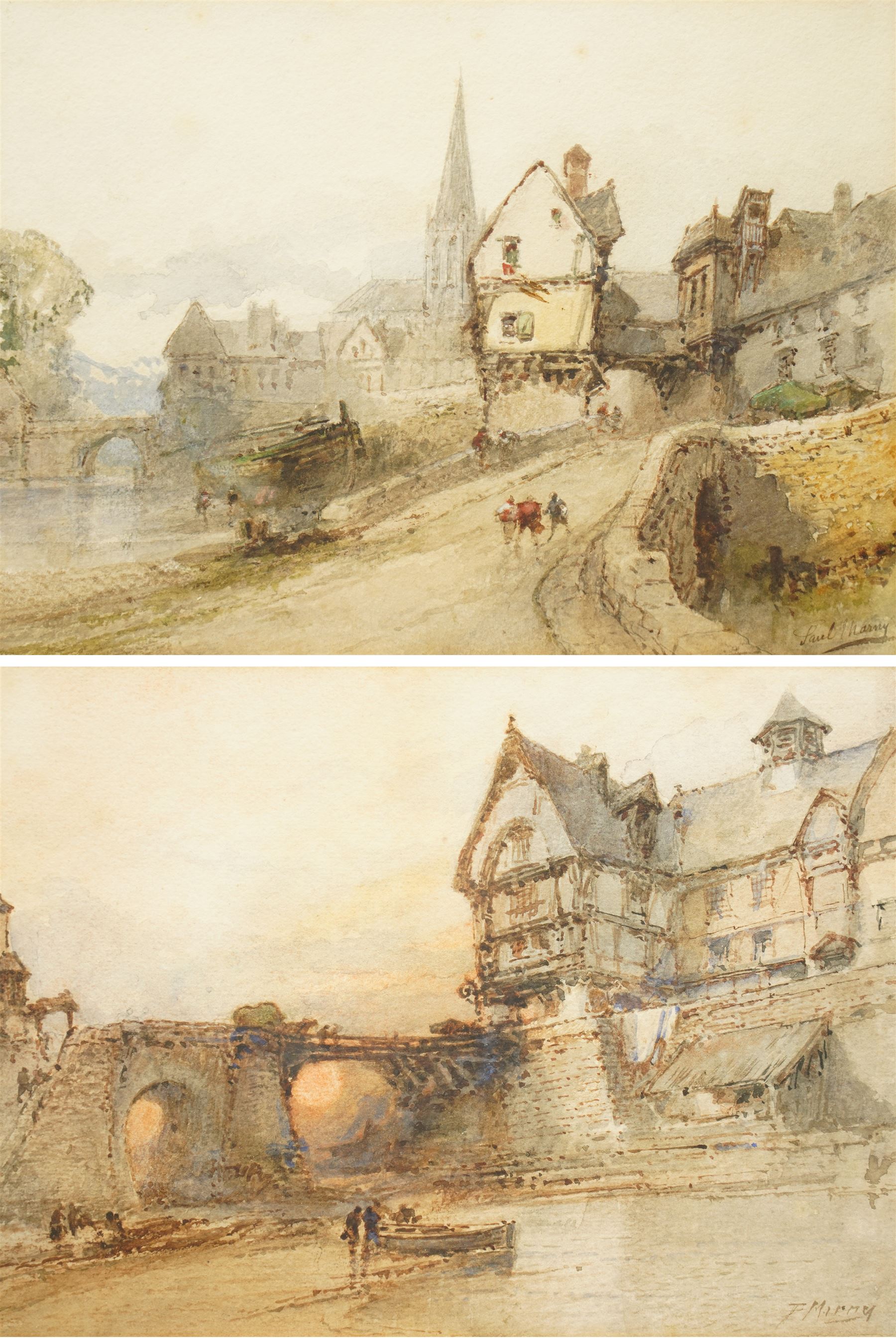 Paul Marny (French/British 1829-1914): Riverside Town in France, pair watercolours signed 21cm x 28cm (2)