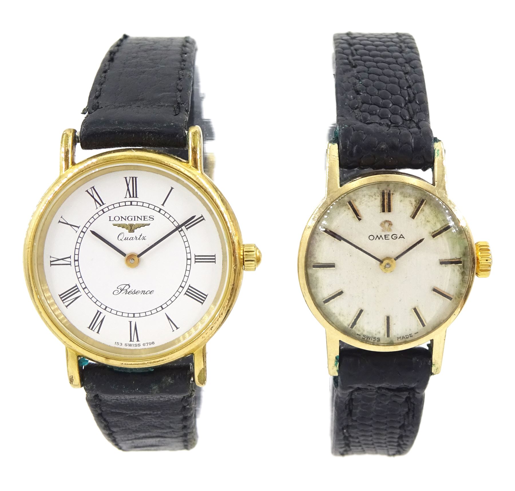 Omega ladies 9ct gold manual wind wristwatch, Cal. 620, London 1969, on black leather strap and a Longines Presence ladies stainless steel and gold-plated quartz wristwatch