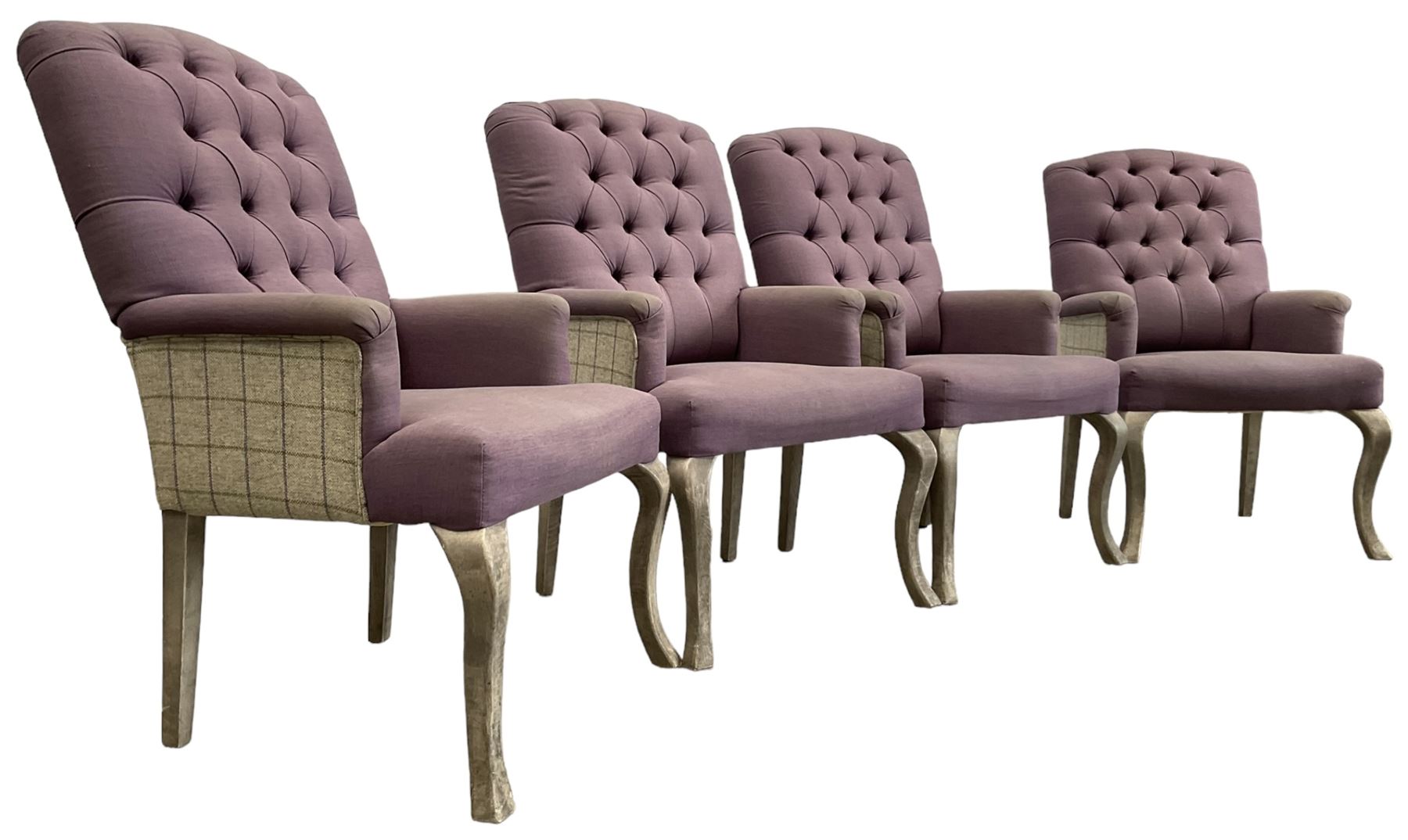 Voyage - four high back armchairs upholstered in buttoned lilac and tweed fabric, painted cabriole legs