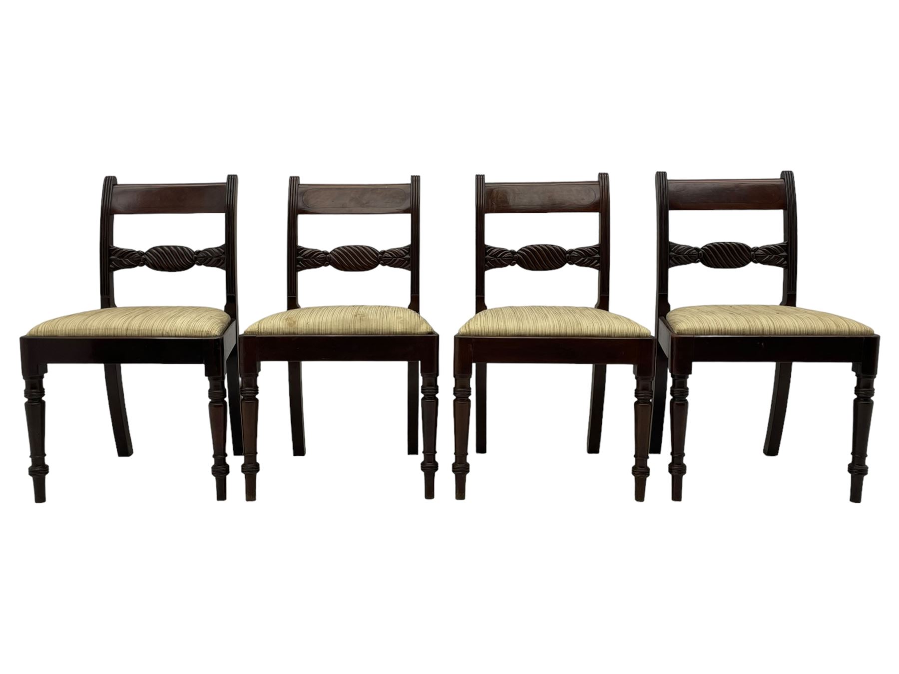 Georgian design set of six (6+2) mahogany dining chairs, the bar cresting rail inlaid with figured mahogany panel, shaped twist lobe carved middle rail with extending stylised leaf decoration, upholstered drop-in seat, on turned front supports 