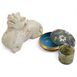 Chinese hardstone model of a horse L16cm x H15cm, Chinese green hardstone cup and a cloisonné circular box and cover D9cm (3)