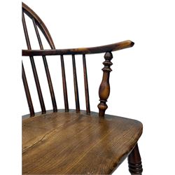 19th century yew wood and elm Windsor armchair, low double hoop stick and pierced splat back, dished seat on turned supports united by crinoline stretchers