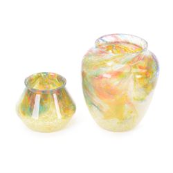 Two Monart style glass vases of ovoid form, with swirling yellow, white and pink inclusion...