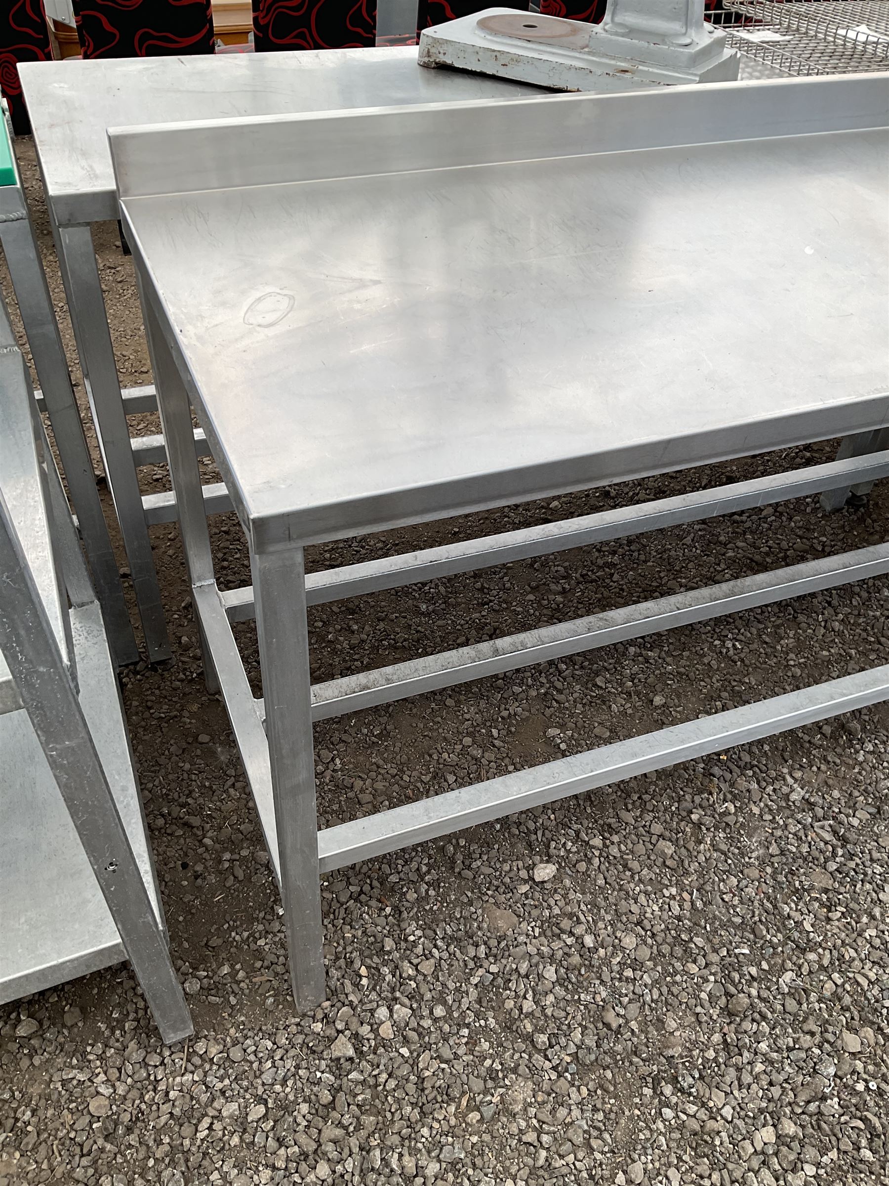 Aluminium framed preparation table with stainless top, barred under-tier, raised back - THIS LOT IS TO BE COLLECTED BY APPOINTMENT FROM DUGGLEBY STORAGE, GREAT HILL, EASTFIELD, SCARBOROUGH, YO11 3TX