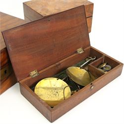 Pair of early 20th century mahogany wall candle holders W17cm, Victorian walnut sewing box W26cm, a smaller box and a set of Victorian chemists travelling balance scales and weights in mahogany box